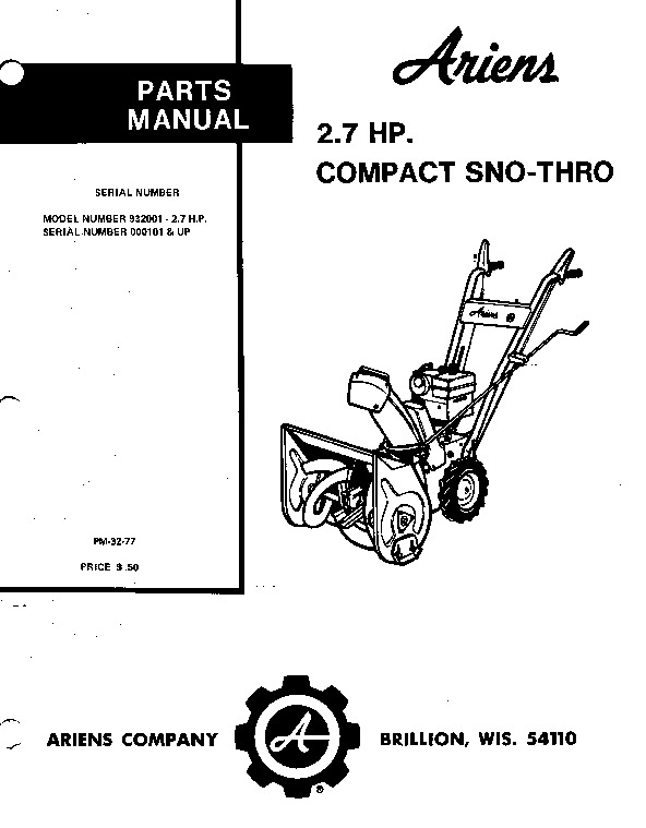 Ariens Sno Thro 932001 000101 Up Snow Blower Parts Manual
