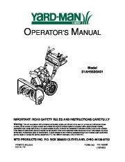 MTD Yard Man 31AH553G401 Electric Snow Blower Owners Manual page 1