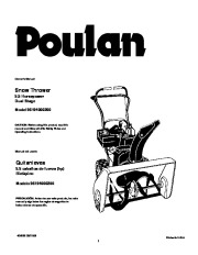 Poulan 96194000200 406885 5.5HP Dual Stage Snow Blower Owners Manual and Repair Parts page 1