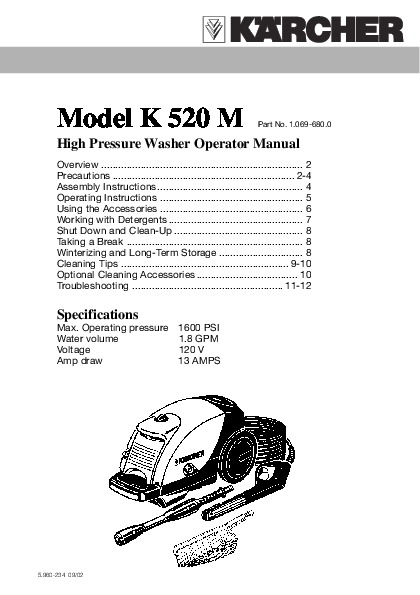 Kärcher K 520 M Electric Power High Pressure Washer Owners Manual