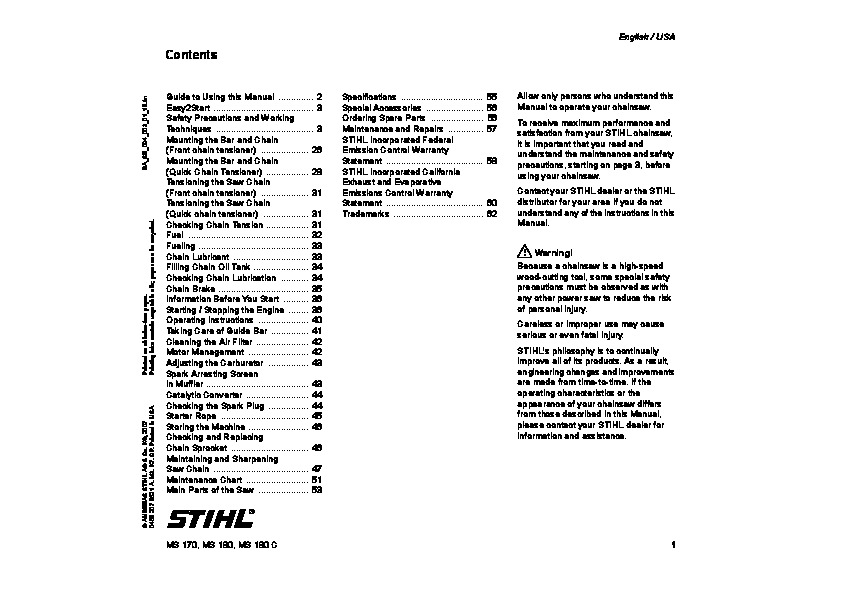 STIHL MS 170 180 Chainsaw Owners Manual