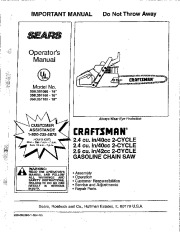 Craftsman 358.351080 358.351160 358.351180 16 18 Inch 2 Cycle Chainsaw Owners Manual, 1995 page 1
