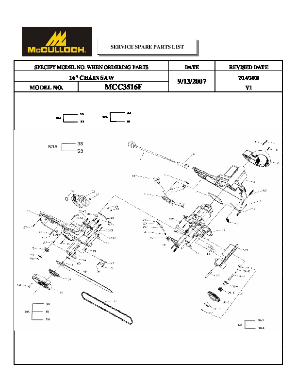 McCulloch IPL MCC3516F 16inch Chainsaw Service Parts, 2006,2007,2008