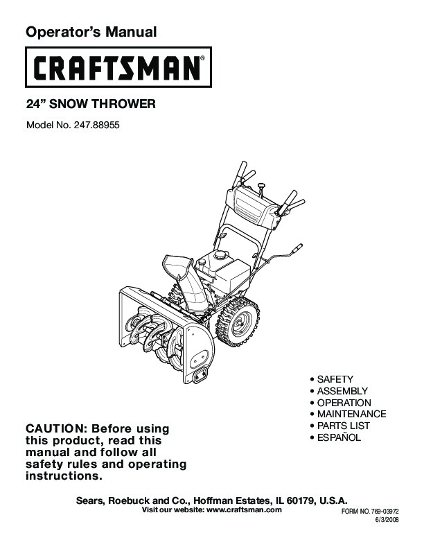 Craftsman 247.88955 24-Inch Snow Blower Owners Manual, 2005