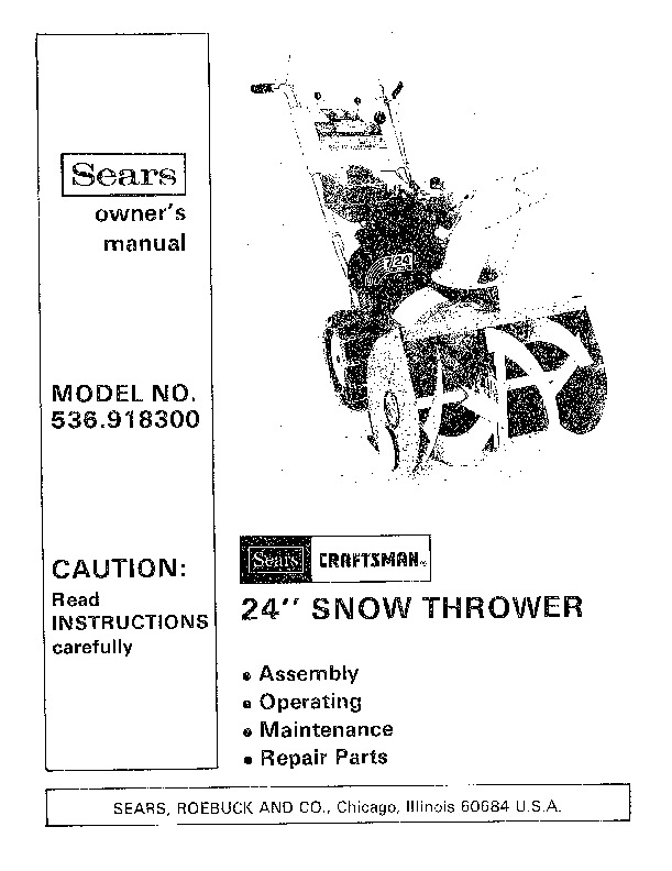 Craftsman 536.918300 24-Inch Snow Blower Owners Manual