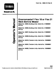 Toro 04202 04206 04207 04208 04019 04024 04025 Greensmaster Flex 18 Flex 21 Lawn Mower Owners Manual page 1