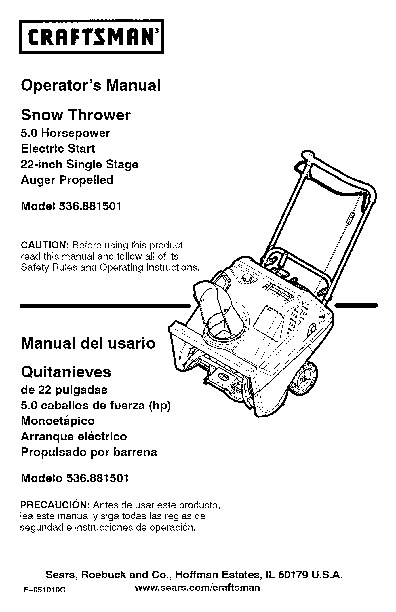 Craftsman 536.881501 22-Inch Snow Blower Owners Manual