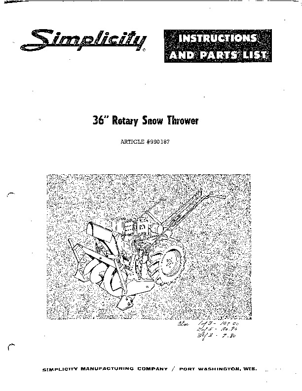 Simplicity 36Inch Rotary Snow Blower Parts List