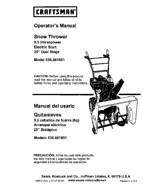 Craftsman 536.881951 29-Inch Snow Blower Owners Manual