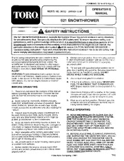 Toro 38052 521 Snowthrower Owners Manual, 1992 page 1
