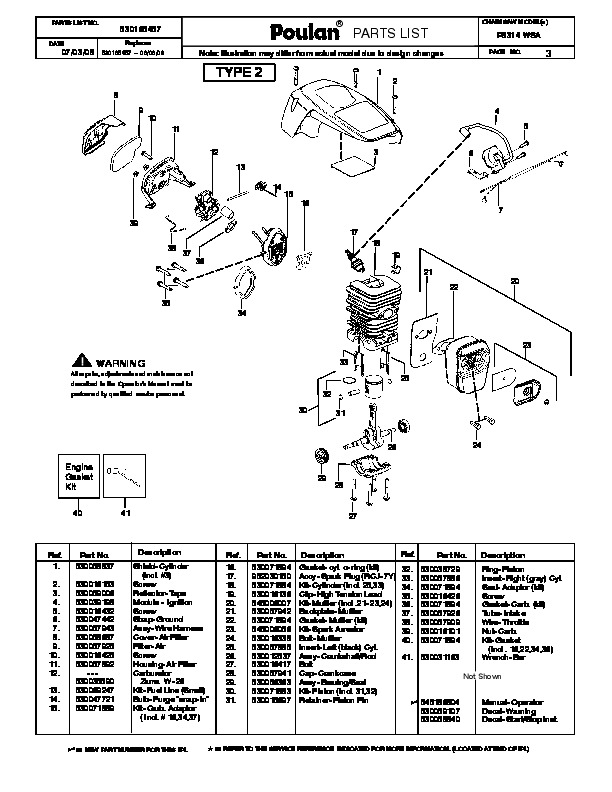 Poulan P3314 WSA Chainsaw Parts List, 2008