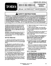 Toro 38580 Toro 828 1132 Power Shift Snowthrower Owners Manual, 1992 page 1