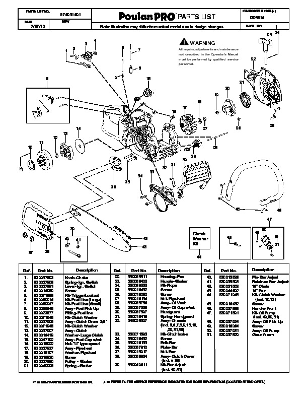 Poulan Pro PP3416 Chainsaw Parts List, 2010