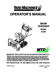 MTD Yard Machines E740F Snow Blower Owners Manual page 1