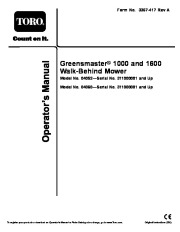 Toro 04052 04060 Greensmaster 1000 1600 Lawn Mower Owners Manual page 1