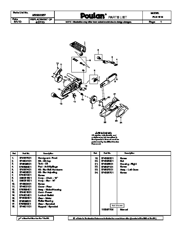 Poulan PLN1514 Chainsaw Parts List, 2010