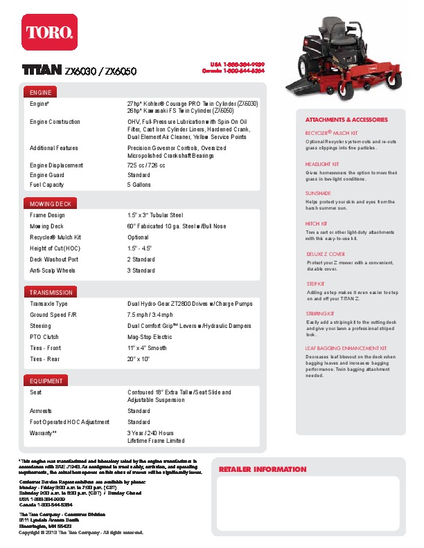Toro TITAN ZX6030 ZX6050 ENGINE Engine Engine Construction ...