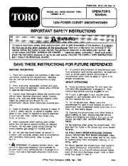 Toro 38005 1200 Power Curve Snowthrower Owners Manual, 1992 page 1