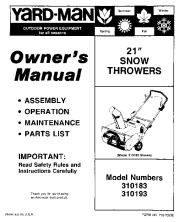 MTD Yard Man 310183 310193 Snow Blower Owners Manual page 1