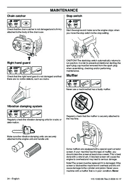 Husqvarna 435 435e 440e Chainsaw Owners Owners Manual 20012002200320042005200620072008 1971