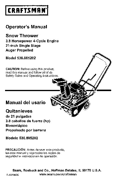 Craftsman 536.885202 21-Inch Snow Blower Owners Manual