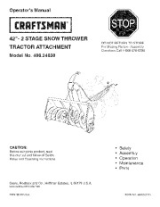 Craftsman 486.24838 Craftsman 42-Inch Tracktor Attachment Snow Blower Owners Manual page 1