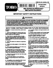 Toro 51575 850 Super Blower Owners Manual, 1994, 1995 page 1