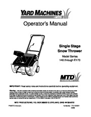 MTD Yard Machines 140 E173 Snow Blower Owners Manual page 1