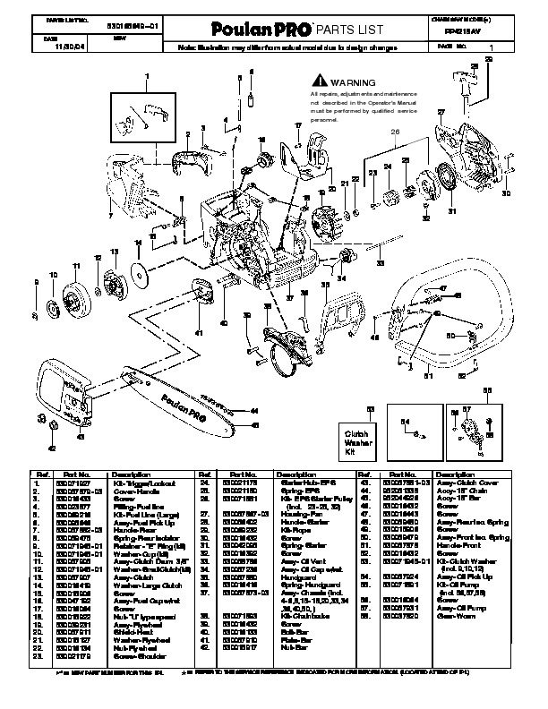 Poulan Pro PP4218AV Chainsaw Parts List, 2004