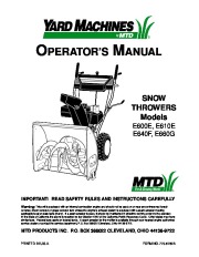 MTD Yard Machines E600E E610E E640F E660G Snow Blower Owners Manual page 1