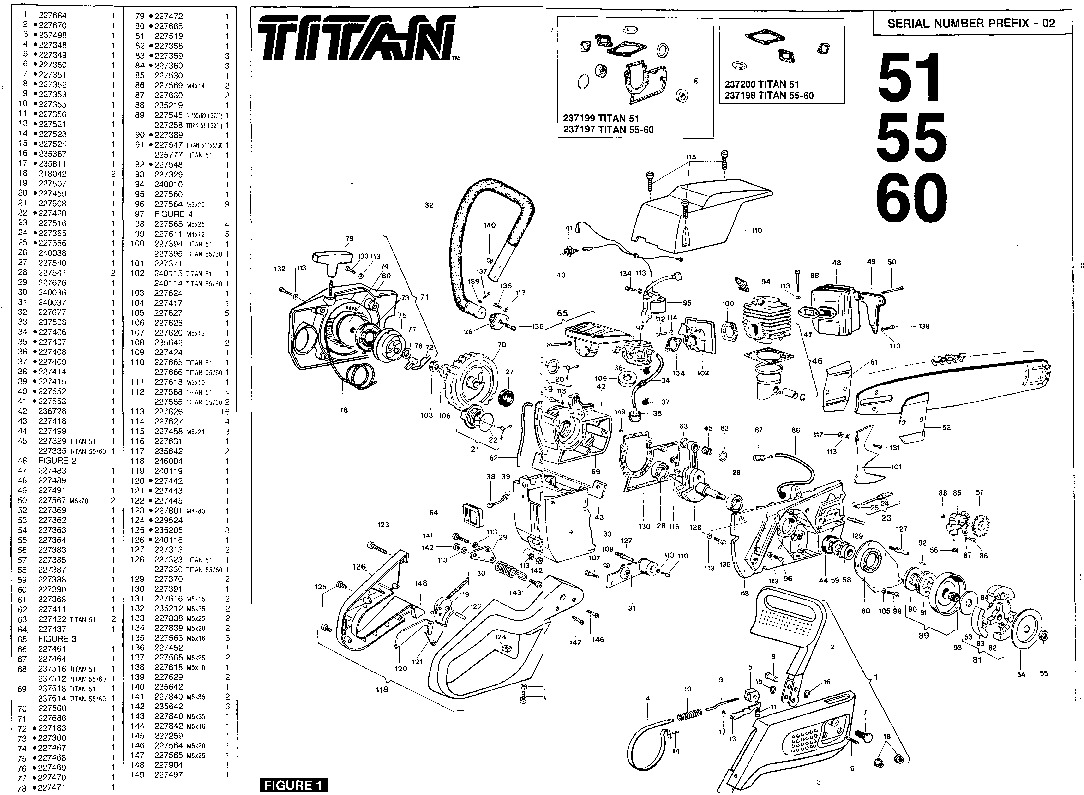 McCulloch Titan 51 55 60 Chainsaw Service Parts List, 1993,1994,1995