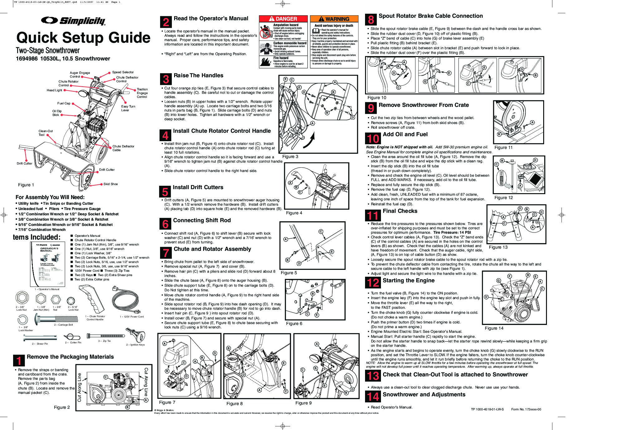 Simplicity 10.5 1694986 10530L Snow Blower Quick Setup Guide Manual
