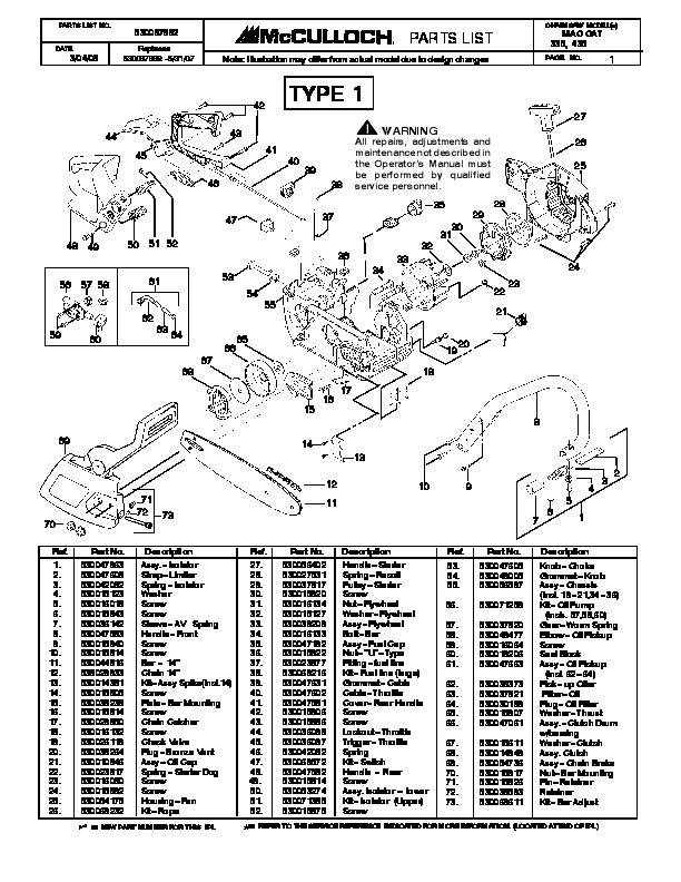 McCulloch Mac Cat 335 435 Chainsaw Service Parts List