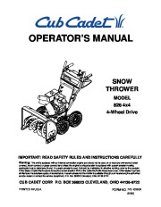 MTD Cub Cadet 826 4×4 Snow Blower Owners Manual page 1