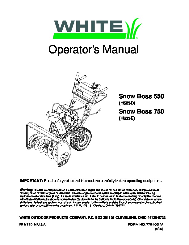 MTD White Outdoor Snow Boss 550 H623D 750 H633E Snow Blower Owners Manual