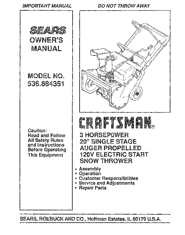 Craftsman Model Snowblower Manual