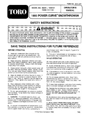 Toro 38025 1800 Power Curve Snowthrower Owners Manual, 1991 page 1