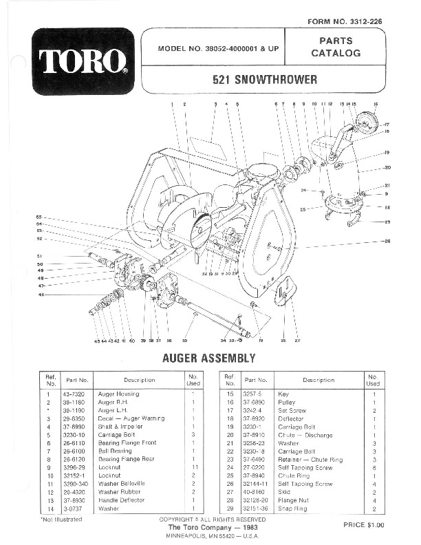 Toro 38052 521 Snowblower Manual, 1984