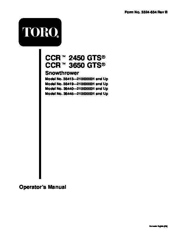 Toro CCR 2450 3650 GTS 38413 38419 38440 38445 Snow Blower Owners