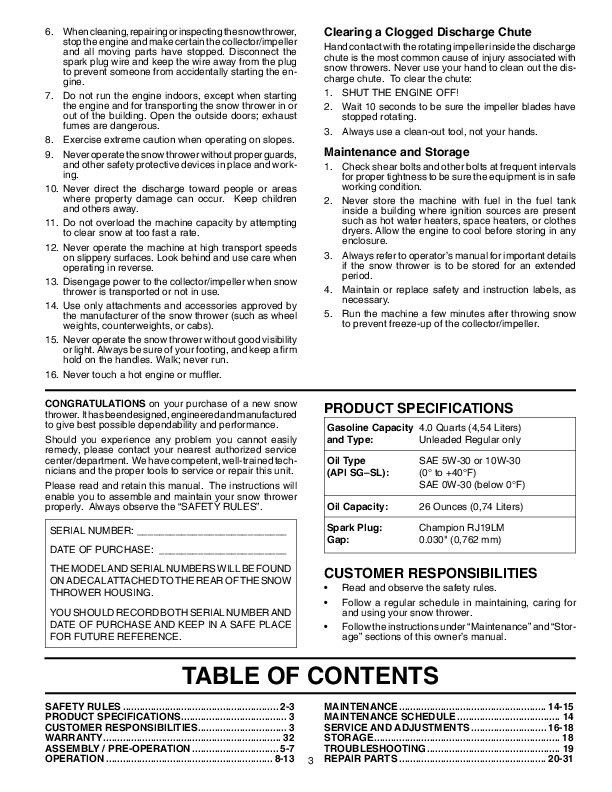 Husqvarna 10530SBE Snow Blower Owners Manual, 2006,2007,2008